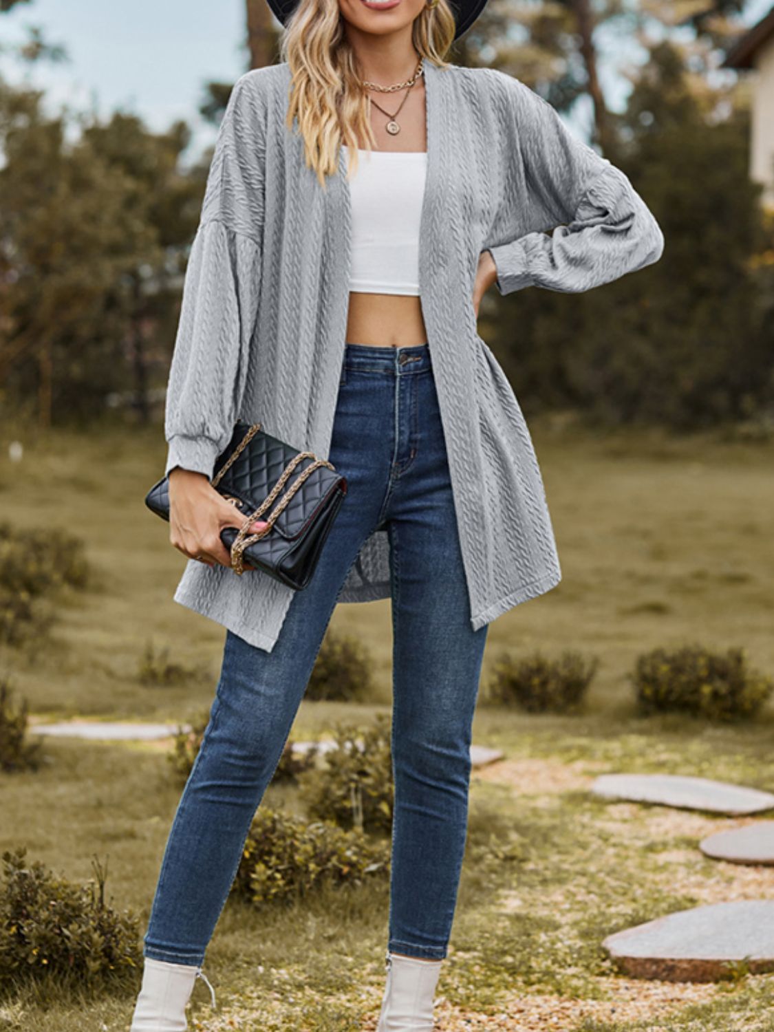 Textured Open Front Dropped Shoulder Cardigan-Angel Casuals