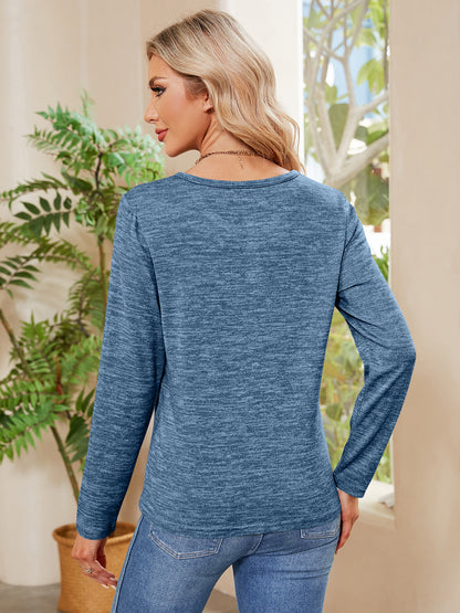 Buttoned Round Neck Long Sleeve T-Shirt-Angel Casuals