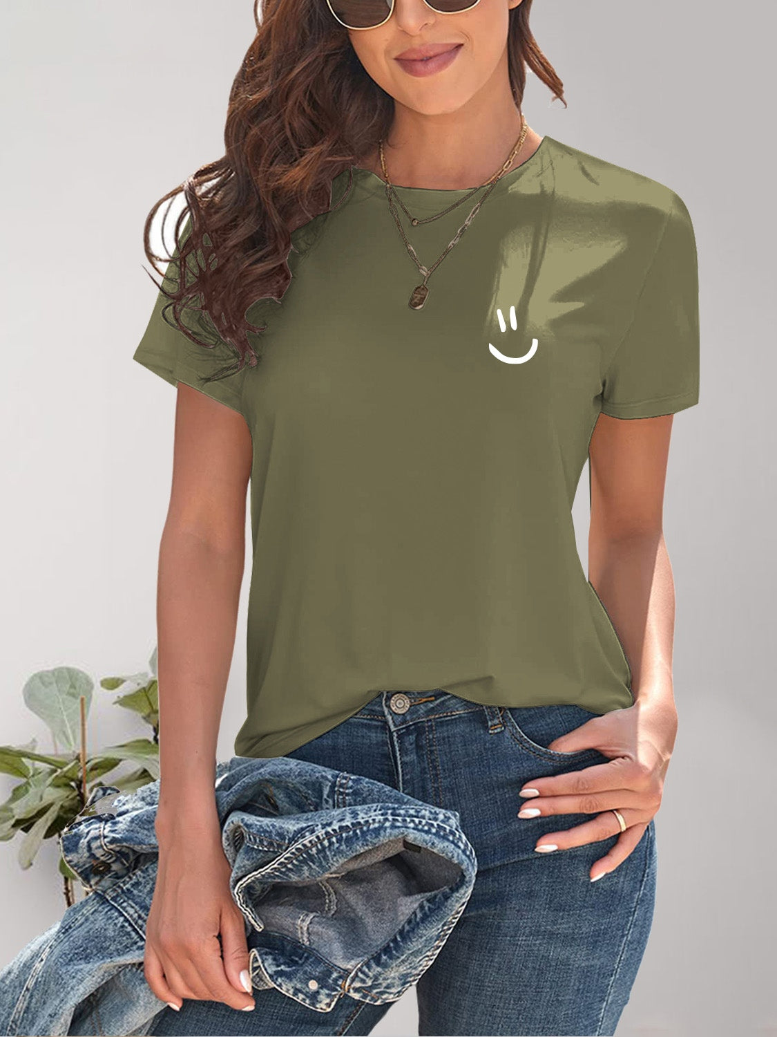 Smile Graphic Round Neck Short Sleeve T-Shirt-Angel Casuals