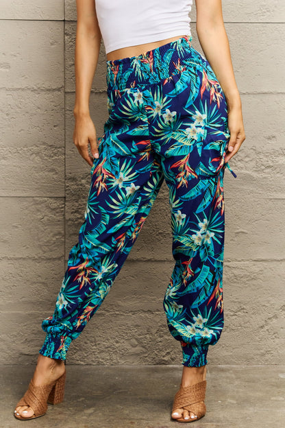 Smocked Plant Print Long Pants-Angel Casuals