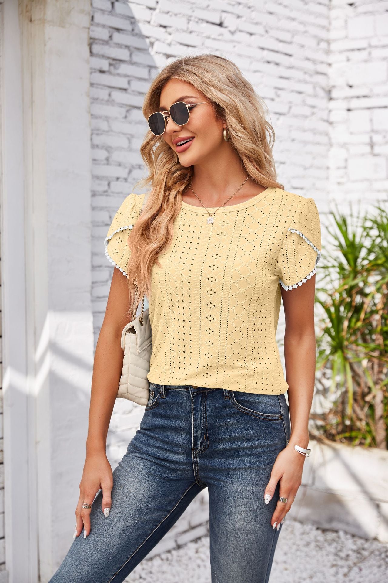 Eyelet Round Neck Petal Sleeve T-Shirt-Angel Casuals