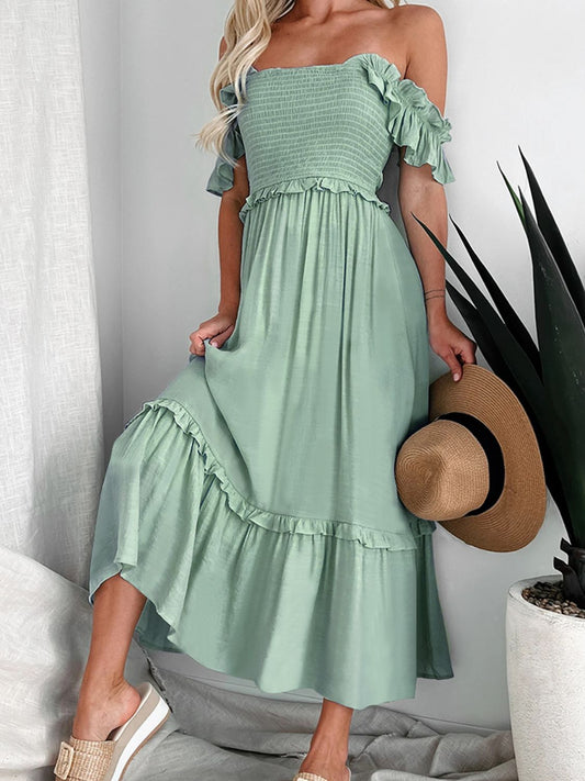 Frill Smocked Off-Shoulder Ruffle Sleeve Dress-Angel Casuals