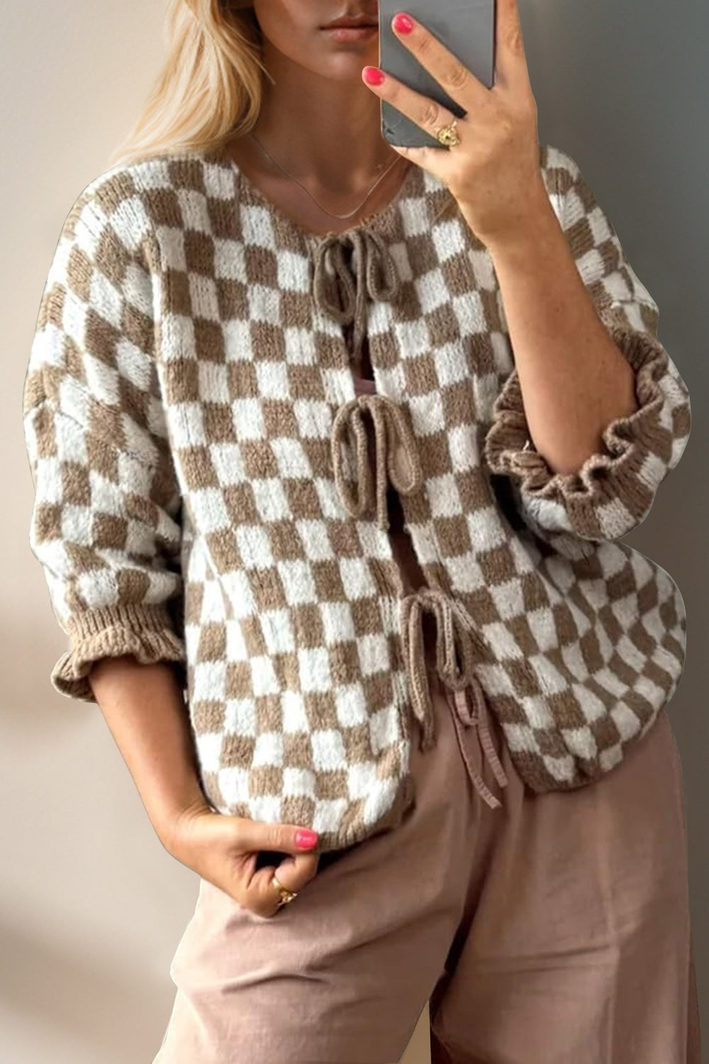 Double Take Tied Checkered Dropped Shoulder Flounce Sleeve Cardigan-Angel Casuals
