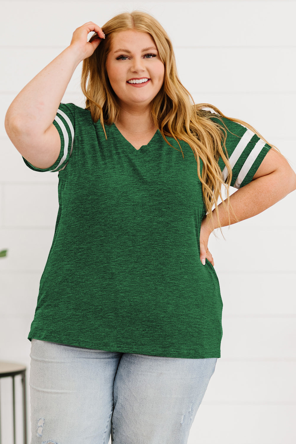 Plus Size Striped V-Neck Tee Shirt-Angel Casuals