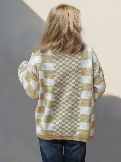 Double Take Checkered Open Front Dropped Shoulder Cardigan-Angel Casuals