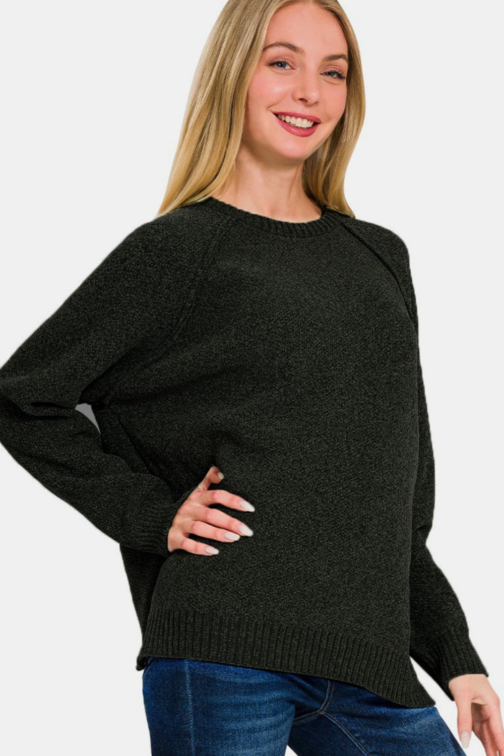 Zenana Side Slit Raglan Sleeve Sweater-Angel Casuals