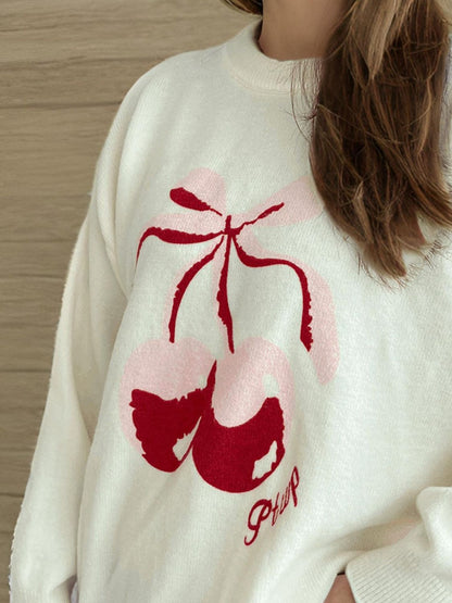 Cherry Round Neck Long Sleeve Sweater-Angel Casuals