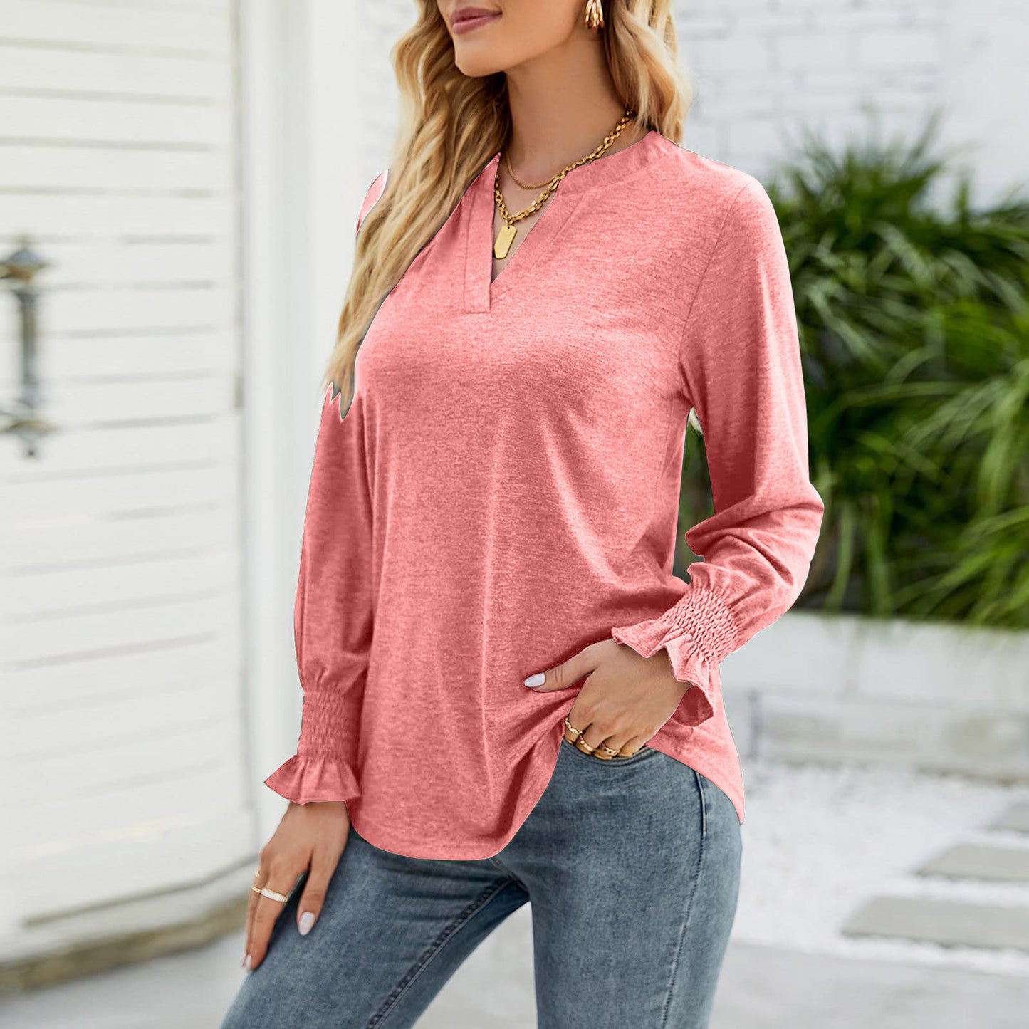 Full Size Notched Long Sleeve T-Shirt-Angel Casuals