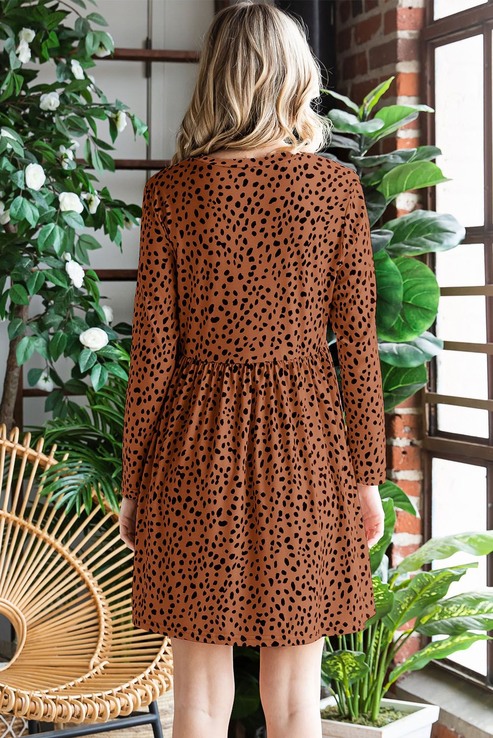 Printed Round Neck Long Sleeve Dress-Angel Casuals