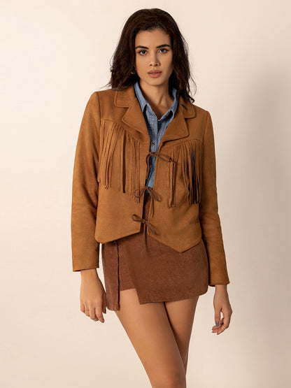 Tied Tassel Collared Neck Long Sleeve Jacket-Angel Casuals