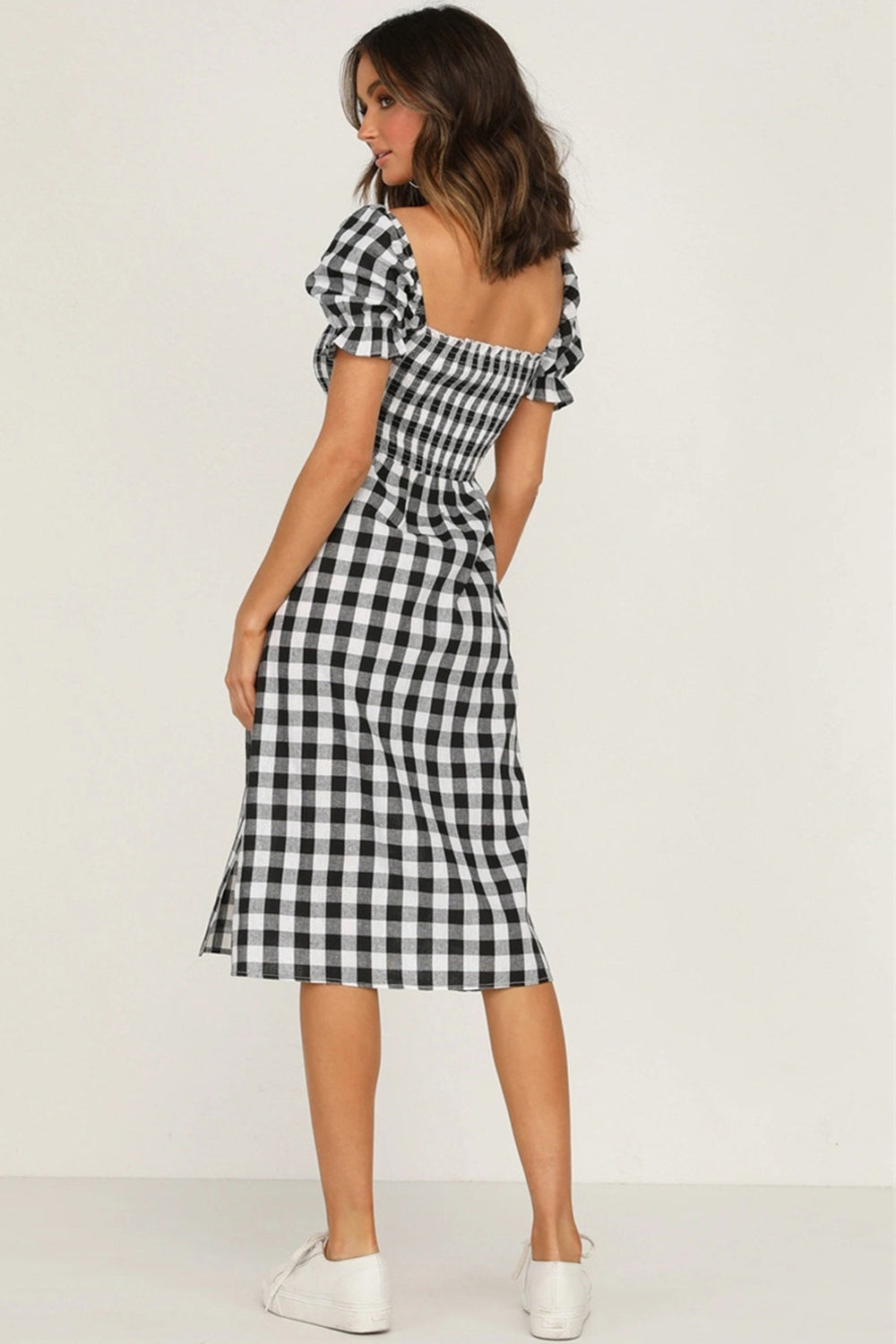 Full Size Slit Plaid Short Sleeve Midi Dress-Angel Casuals