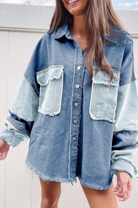 Raw Hem Color Block Denim Jacket-Angel Casuals