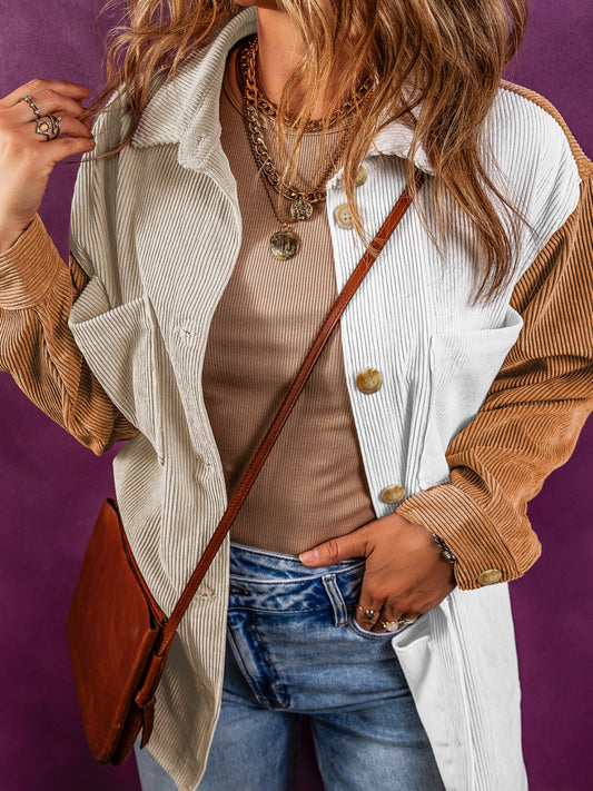 Color Block Ribbed Pocketed Button Up Jacket-Angel Casuals