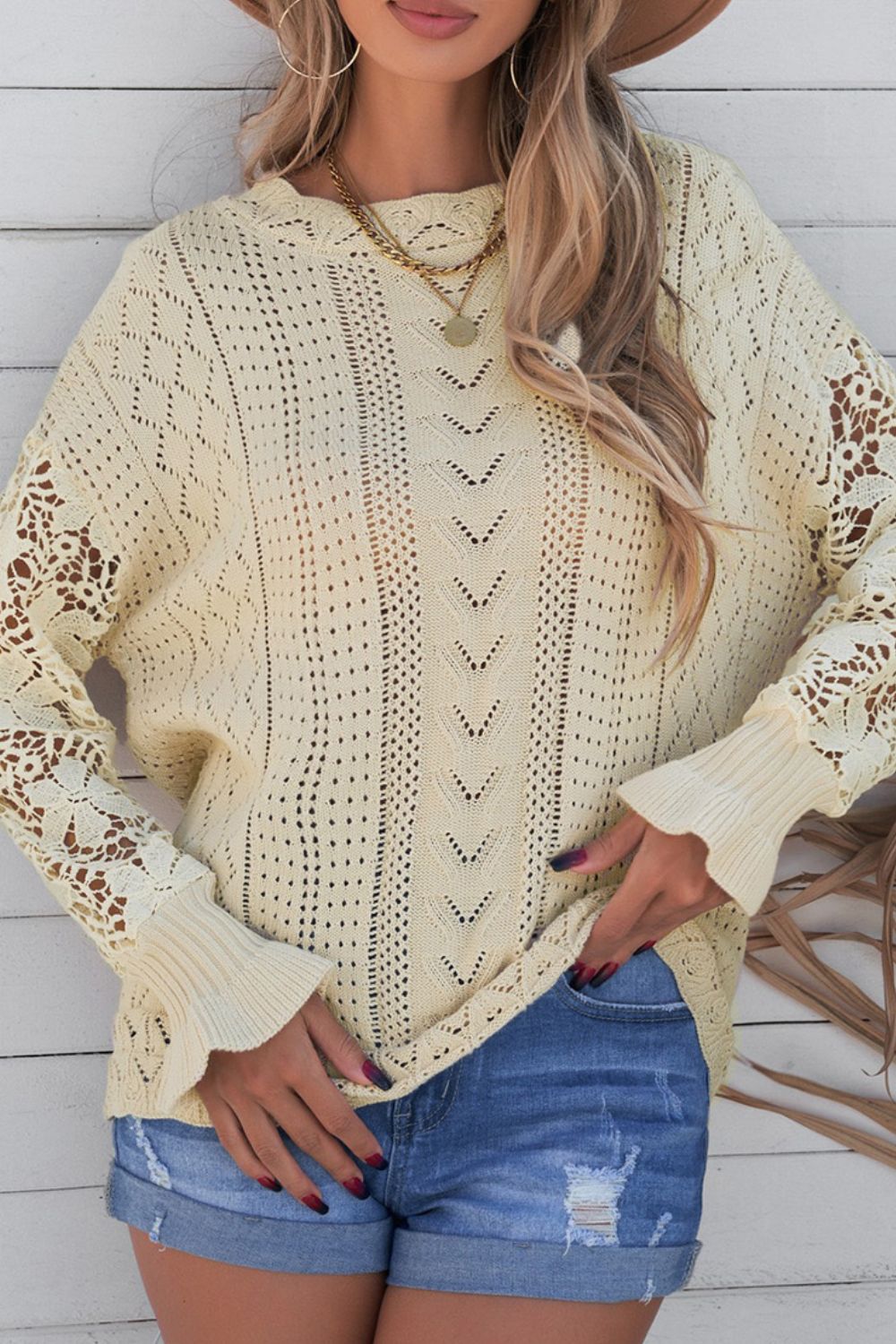 Openwork Round Neck Long Sleeve Sweater-Angel Casuals