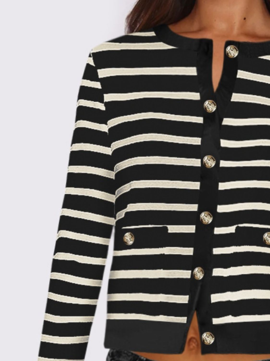 Striped Round Neck Button Up Long Sleeve Cardigan-Angel Casuals