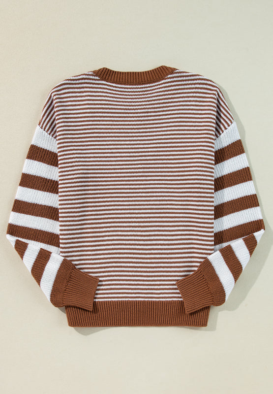 Striped Round Neck Dropped Shoulder Sweater-Angel Casuals