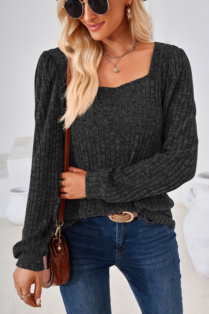 Ribbed Square Neck Long Sleeve T-Shirt-Angel Casuals