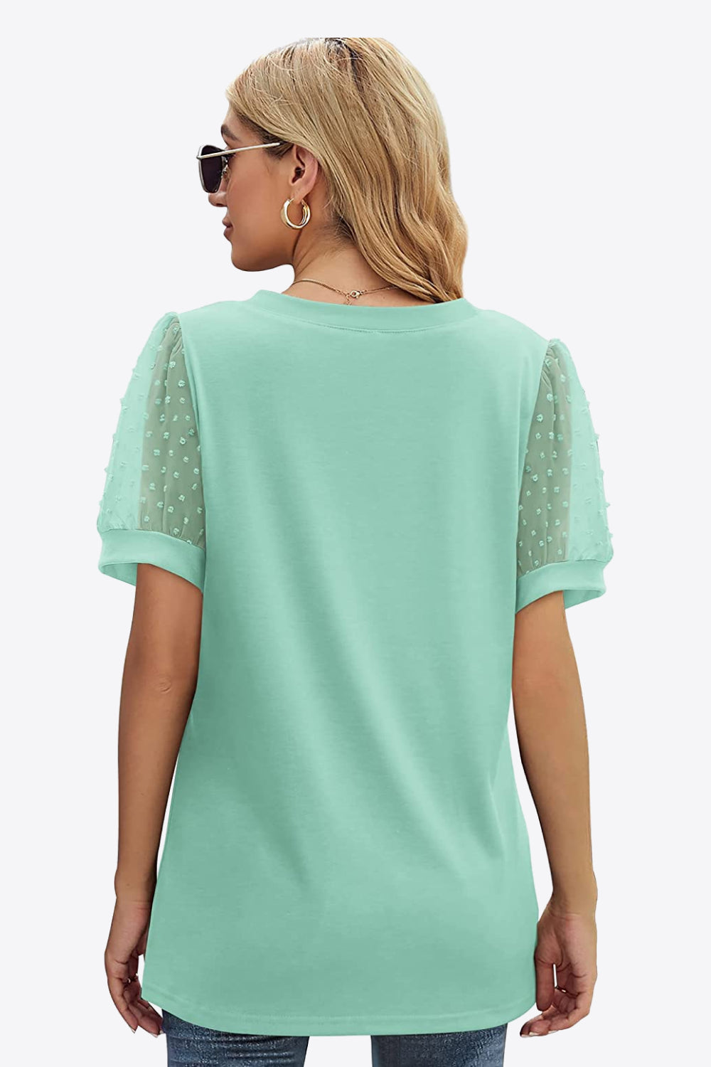 Swiss Dot Puff Sleeve V-Neck Tee-Angel Casuals