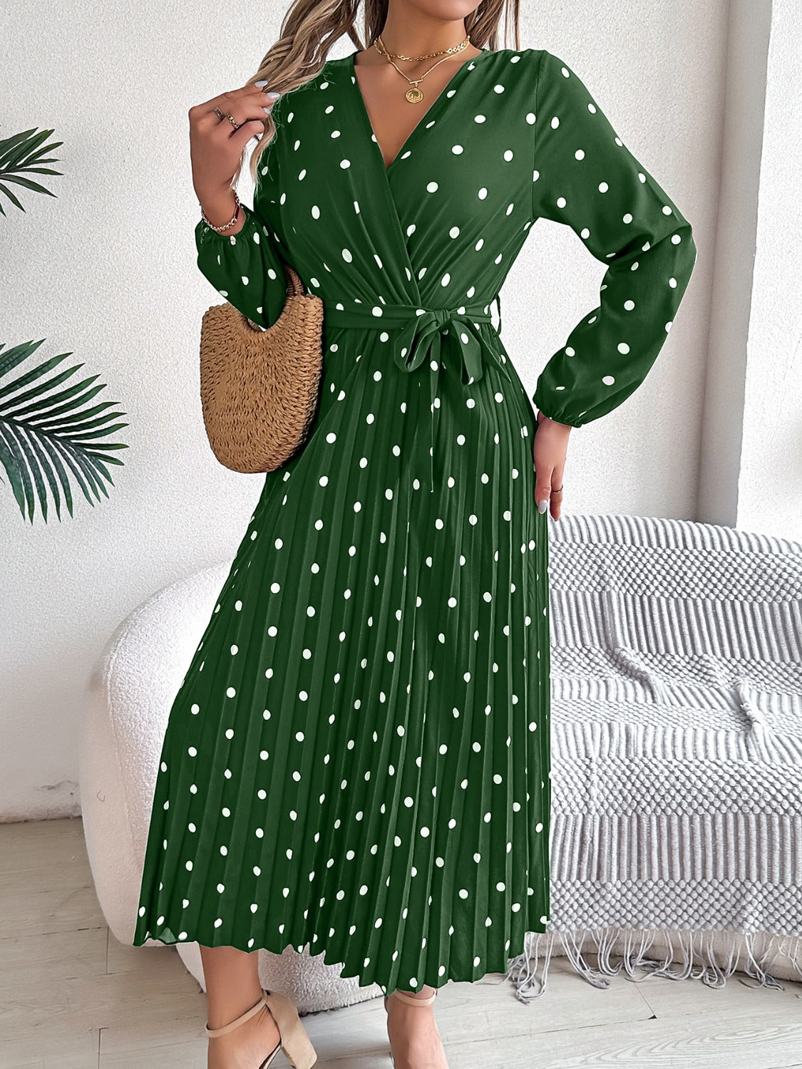 Tied Polka Dot Long Sleeve Midi Dress-Angel Casuals