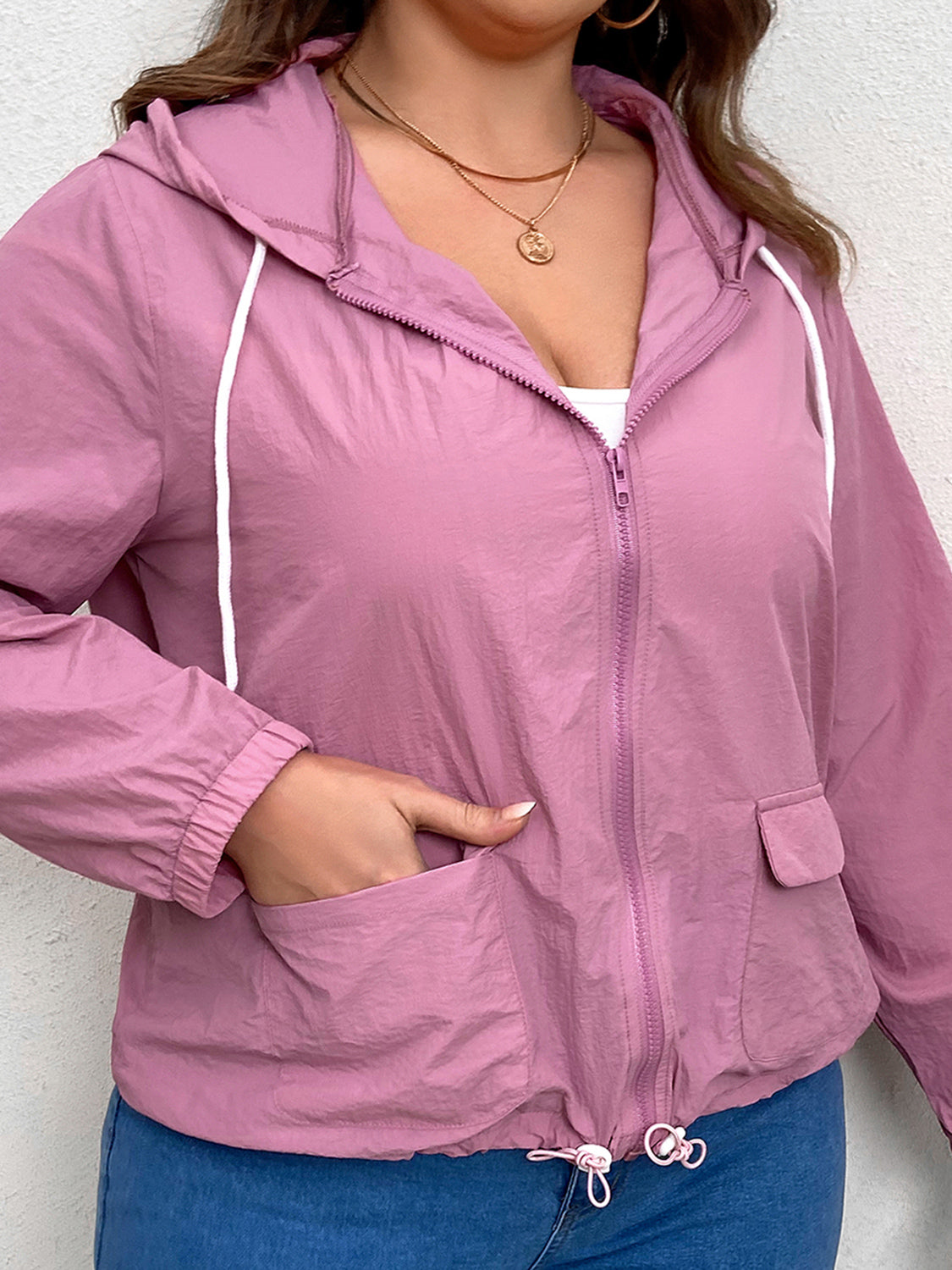 Plus Size Zip-Up Drawstring Hooded Jacket with Pockets-Angel Casuals