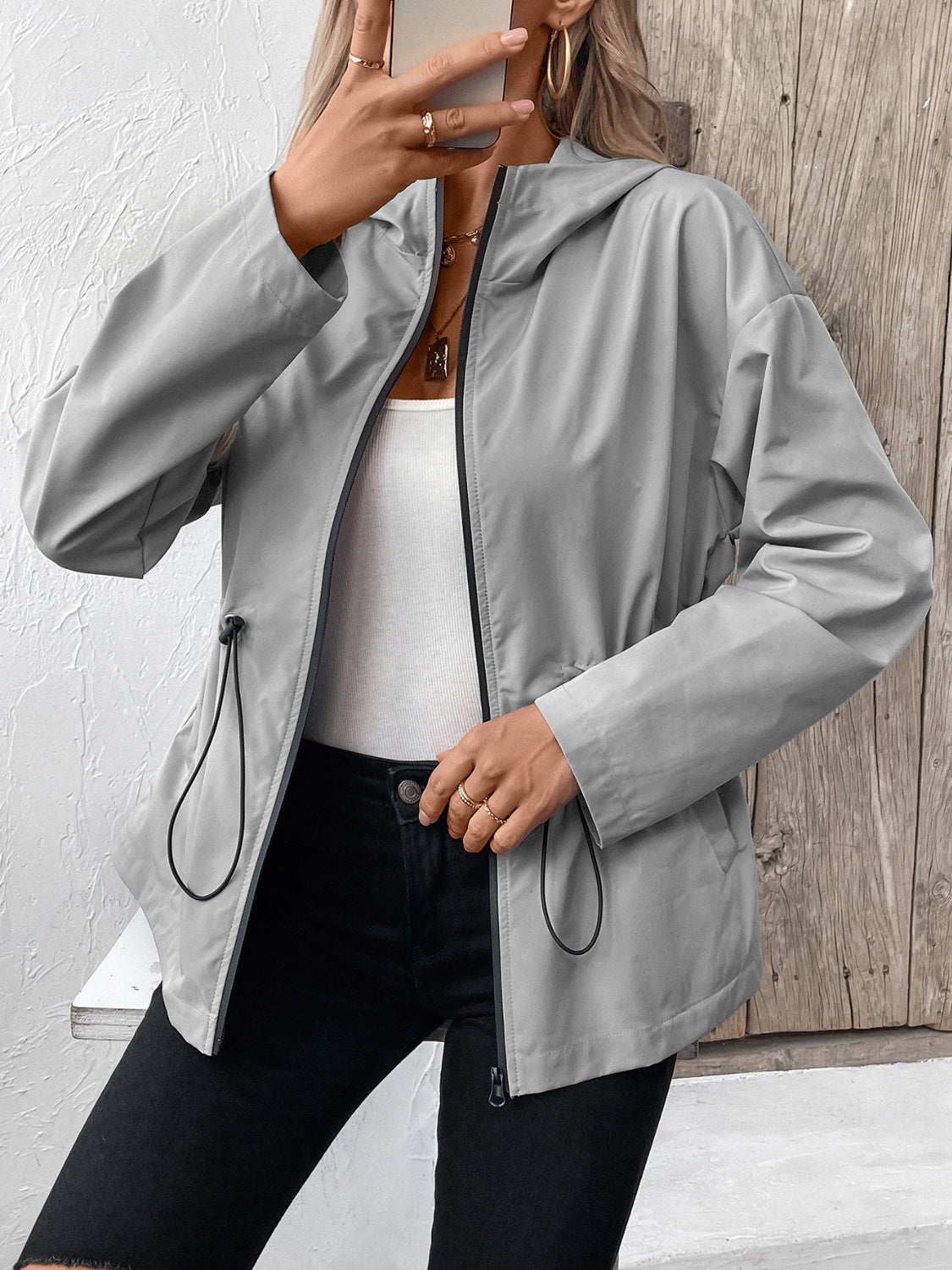 Ivy Lane Drawstring Zip Up Hooded Jacket-Angel Casuals