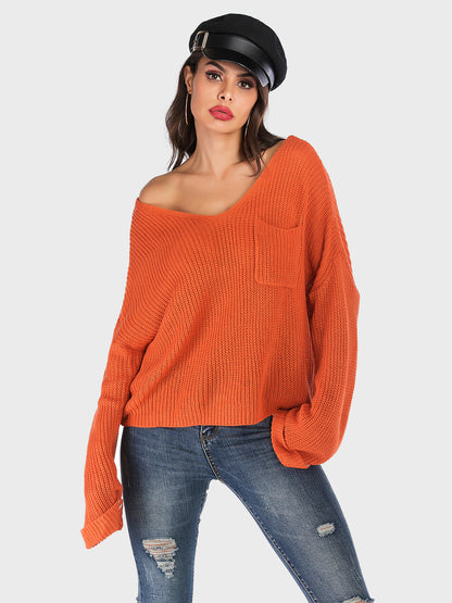 Perfee V-Neck Dropped Shoulder Long Sleeve Sweater-Angel Casuals