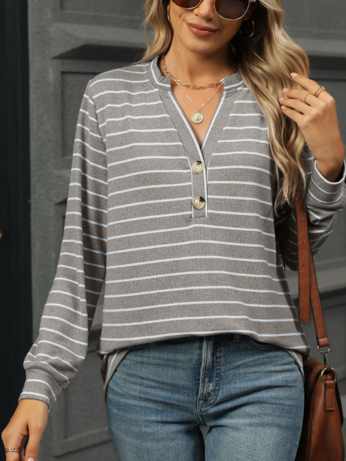 Striped Notched Long Sleeve T-Shirt-Angel Casuals