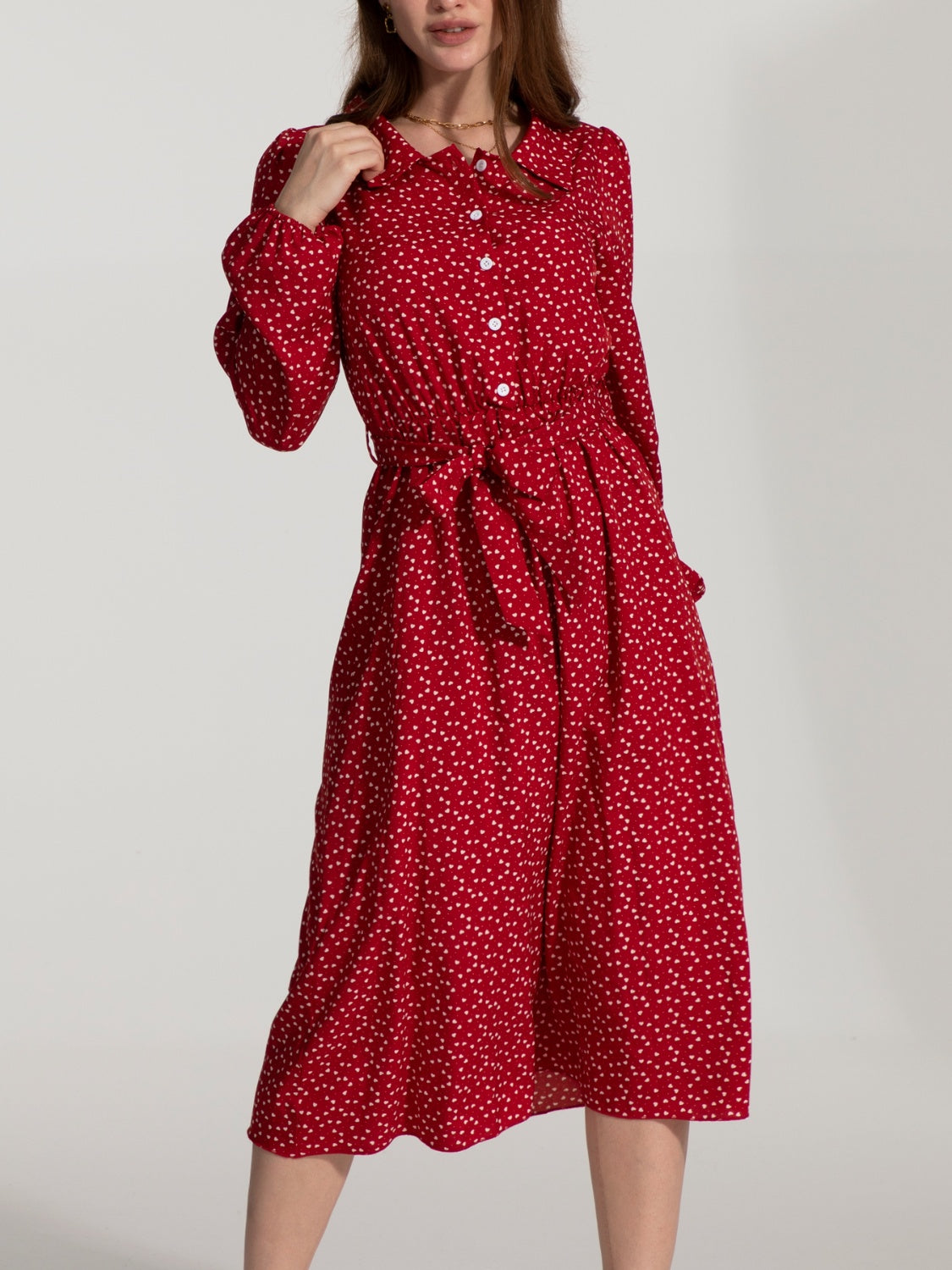 Tied Printed Button Up Balloon Sleeve Dress-Angel Casuals