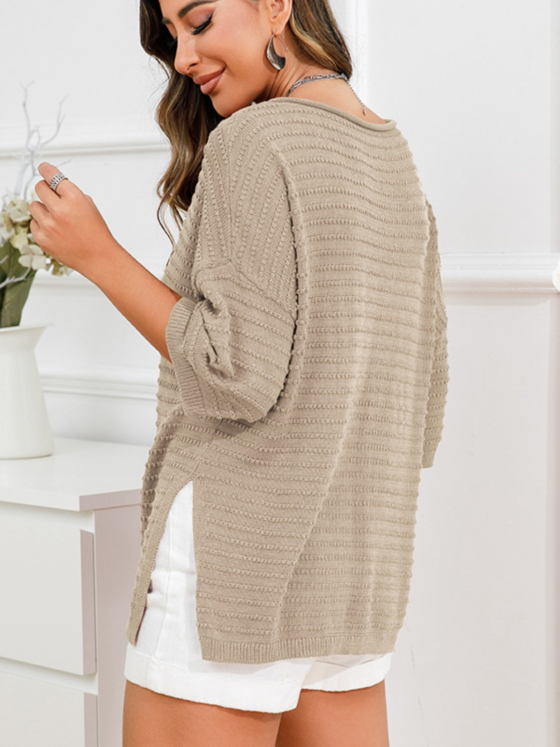 Rolled Round Neck Dropped Shoulder Slit Sweater-Angel Casuals