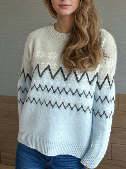 Chevron Contrast Round Neck Long Sleeve Sweater-Angel Casuals