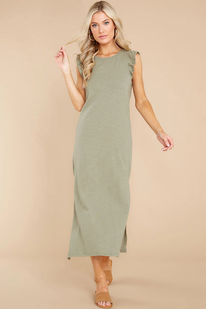 Ruffled Slit Round Neck Cap Sleeve Dress-Angel Casuals