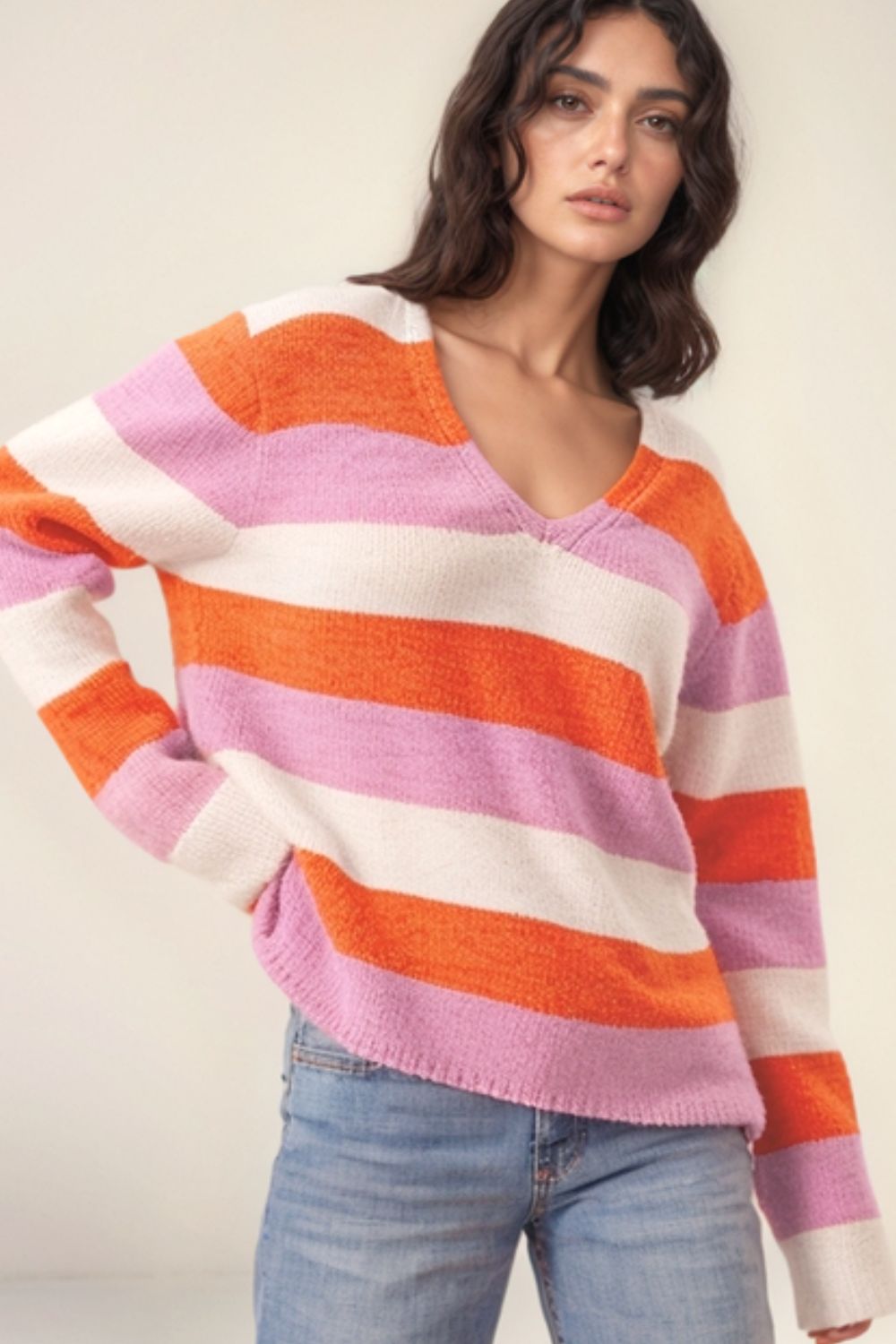 Color Block V-Neck Long Sleeve Sweater-Angel Casuals