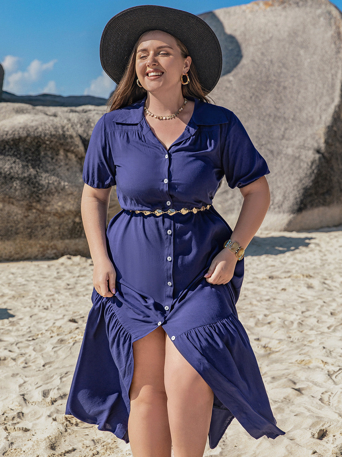 Plus Size Collared Neck Short Sleeve Midi Dress-Angel Casuals