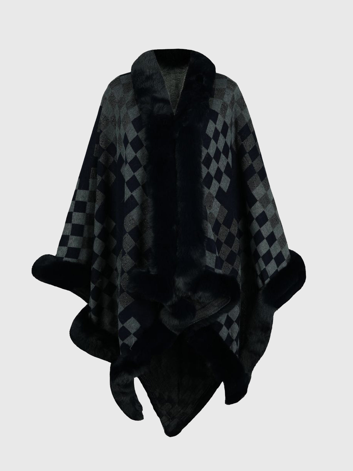 Checkered Faux Fur Trim Poncho-Angel Casuals