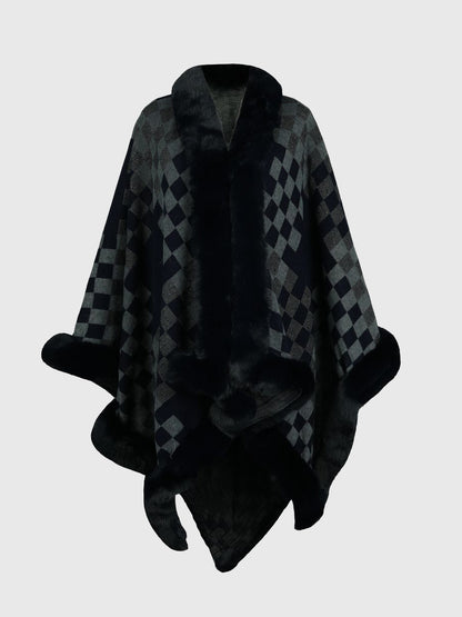 Checkered Faux Fur Trim Poncho-Angel Casuals