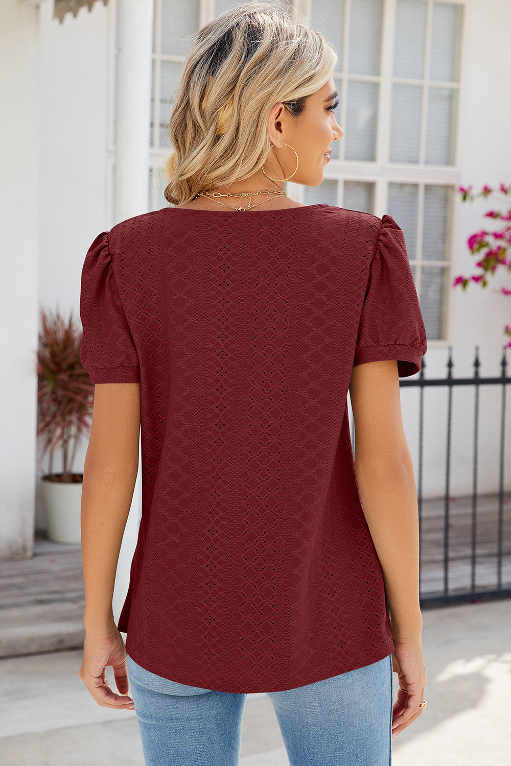 Eyelet Puff Sleeve T-Shirt-Angel Casuals
