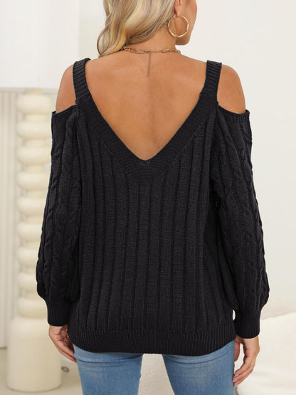 Cable-Knit V-Neck Long Sleeve Sweater-Angel Casuals