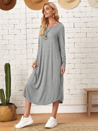 Pocketed Round Neck Long Sleeve Tee Dress-Angel Casuals