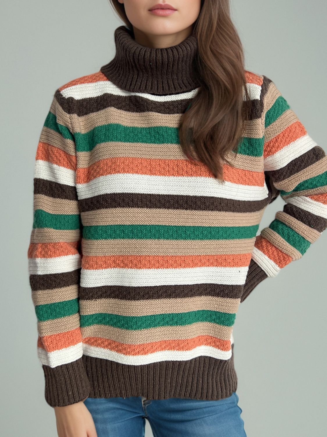 Contrast Stripes Turtleneck Long Sleeve Sweater-Angel Casuals