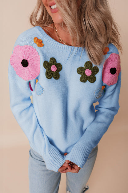 Crochet Flower Round Neck Dropped Shoulder Sweater-Angel Casuals