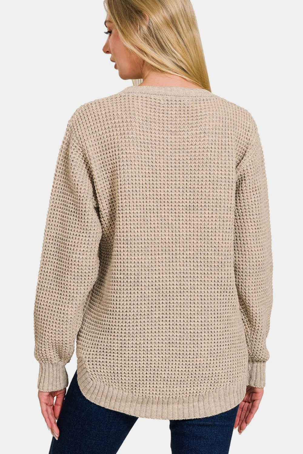 Zenana High Low Long Sleeve Waffle Sweater-Angel Casuals