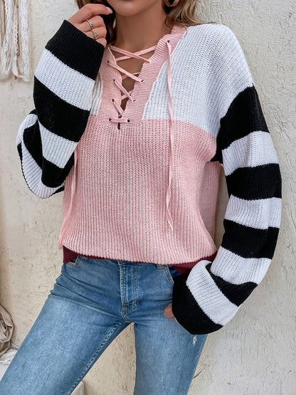 Color Block Tied Dropped Shoulder Sweater-Angel Casuals