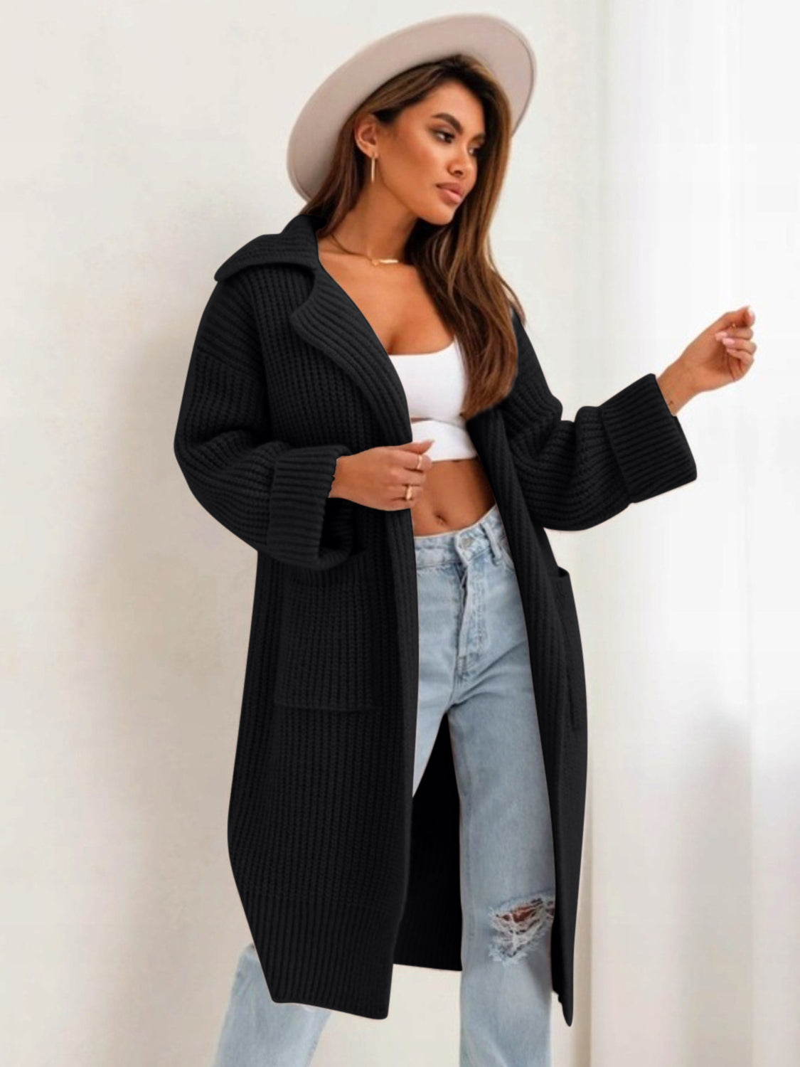 Pocketed Collared Neck Dropped Shoulder Cardigan-Angel Casuals