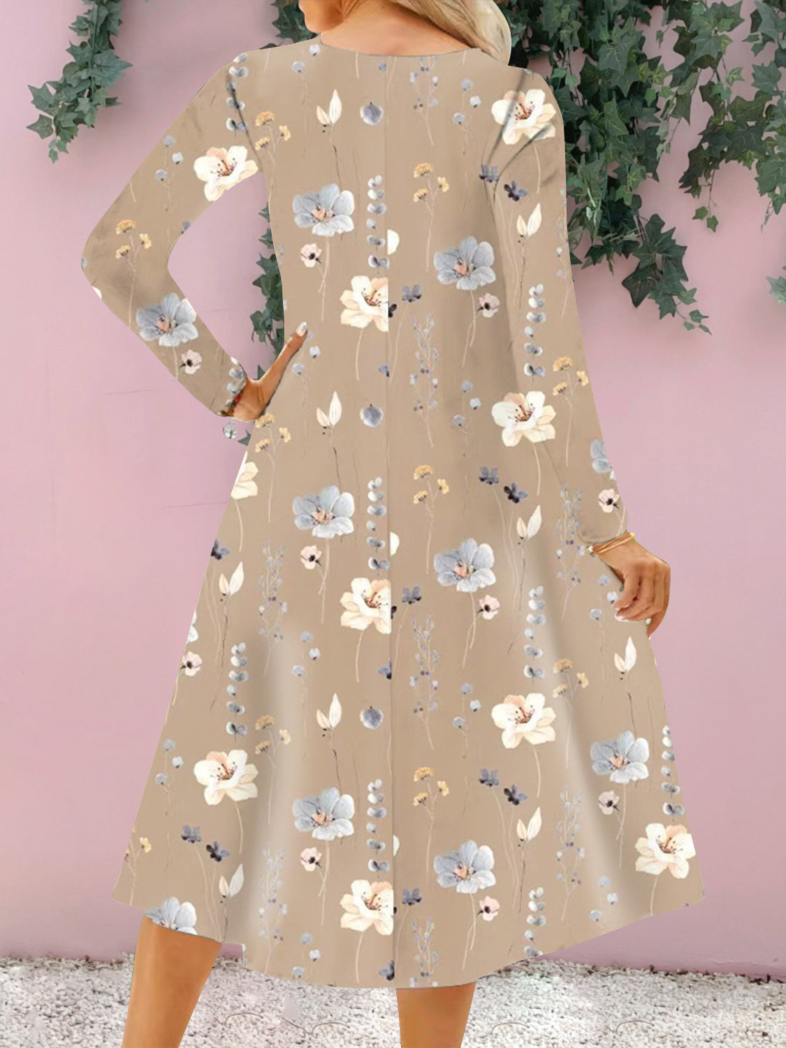 Floral Notched Long Sleeve Midi Dress-Angel Casuals