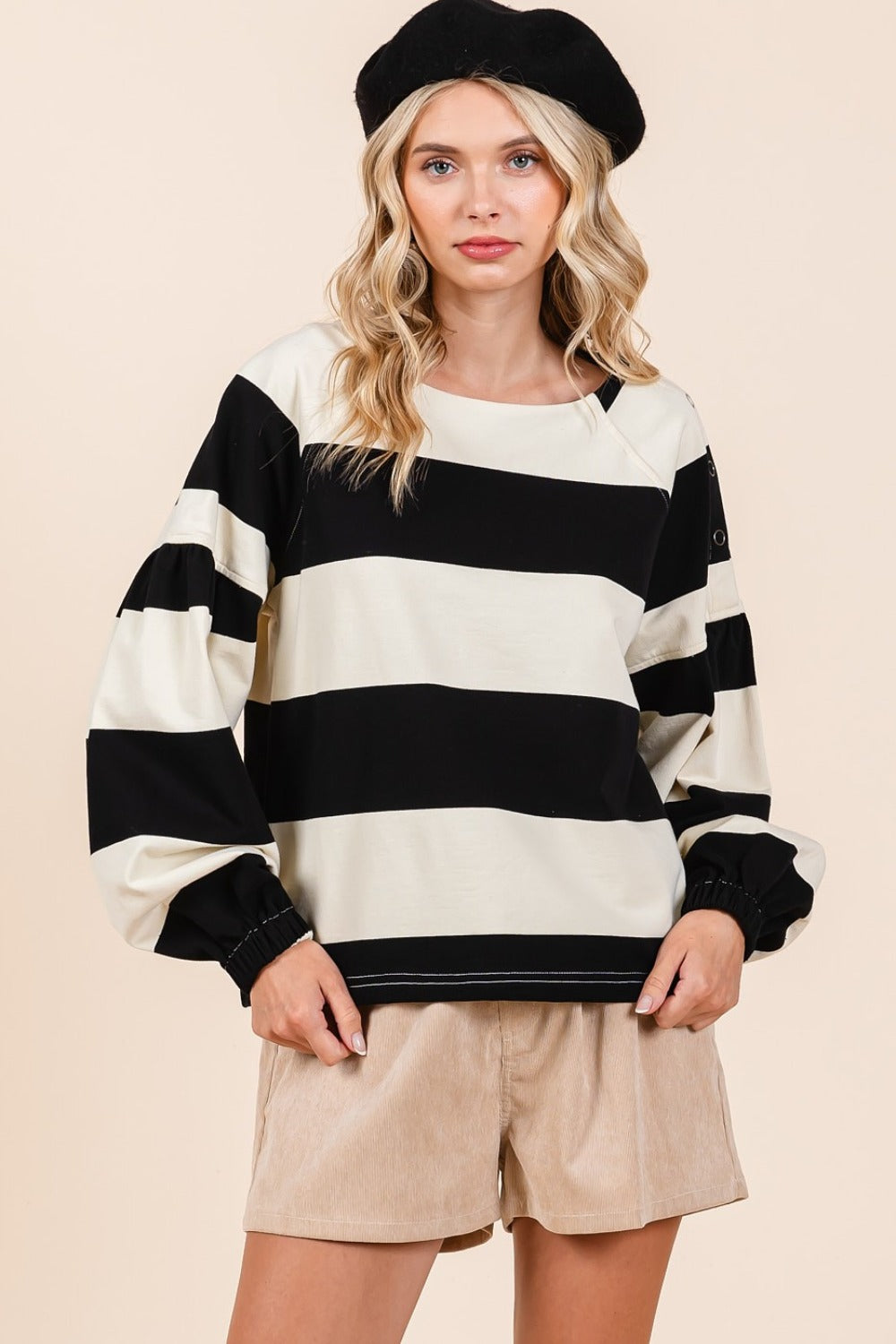 Mittoshop Striped Snap Shoulder Long Sleeve T-Shirt-Angel Casuals