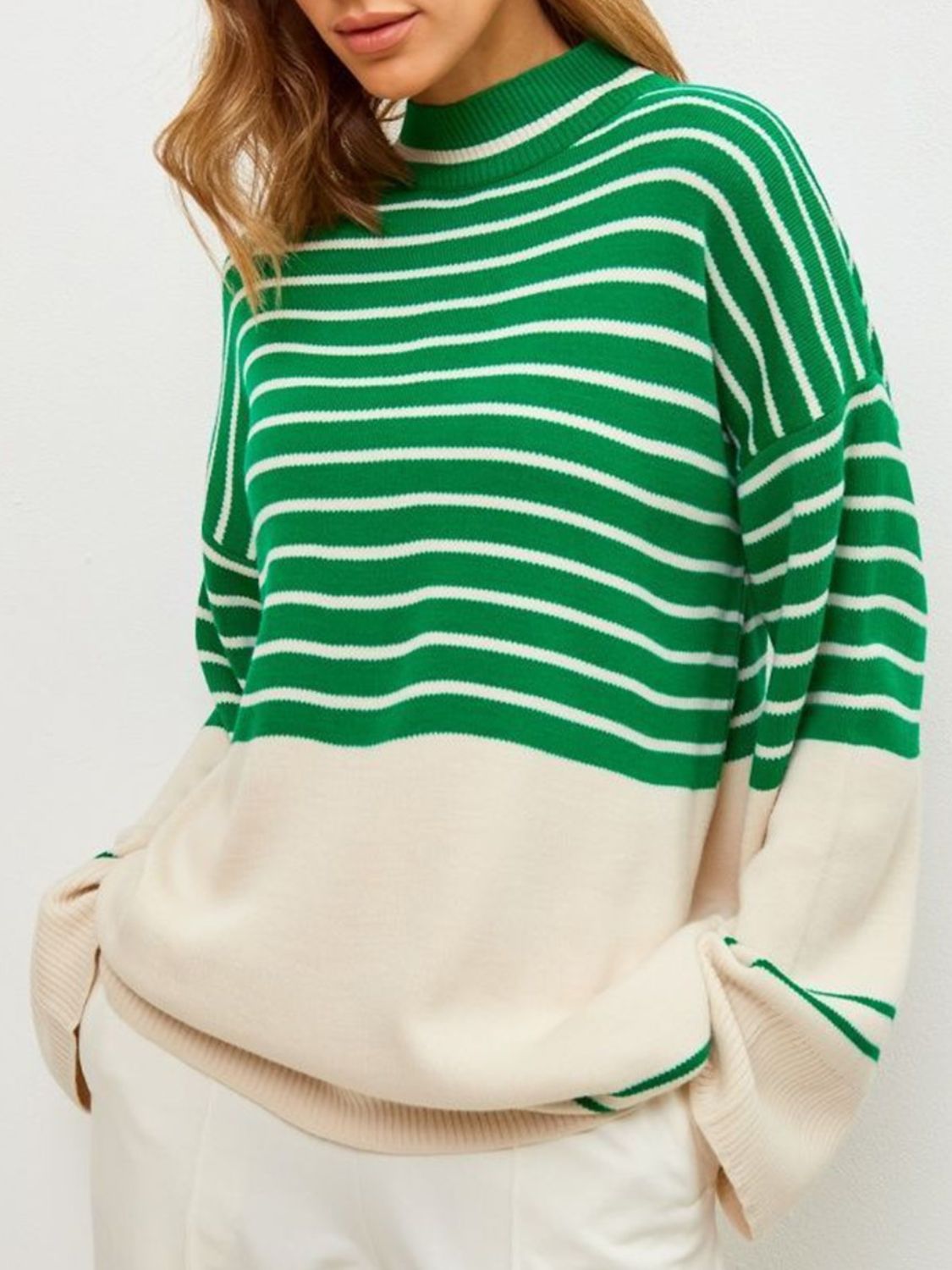 Striped Mock Neck Long Sleeve Sweater-Angel Casuals