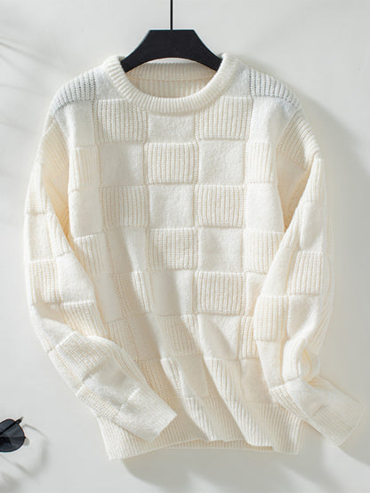 Checkered Round Neck Long Sleeve Sweater-Angel Casuals