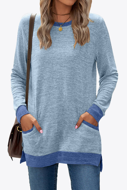 Heathered Slit Top with Pockets-Angel Casuals