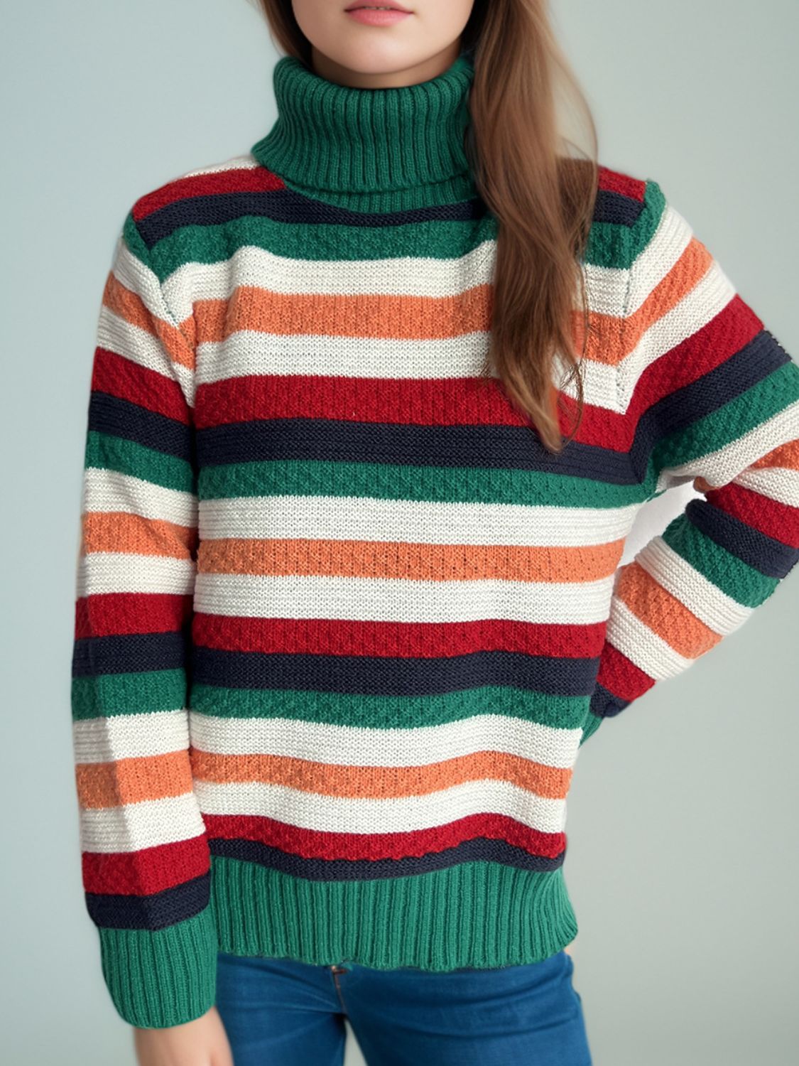 Contrast Stripes Turtleneck Long Sleeve Sweater-Angel Casuals