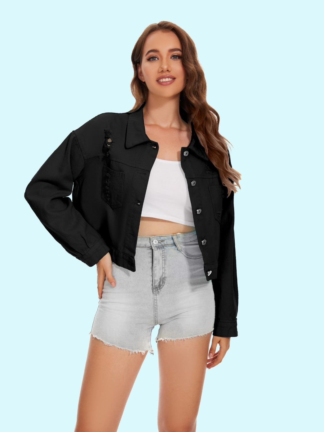 Distressed Distressed Button Up Denim Jacket-Angel Casuals